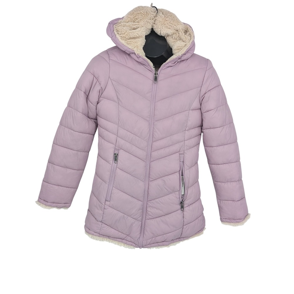 Steven Madden Reversible Puffer Jacket Lavender Faux Fur Hood Cozy Girls 14/16